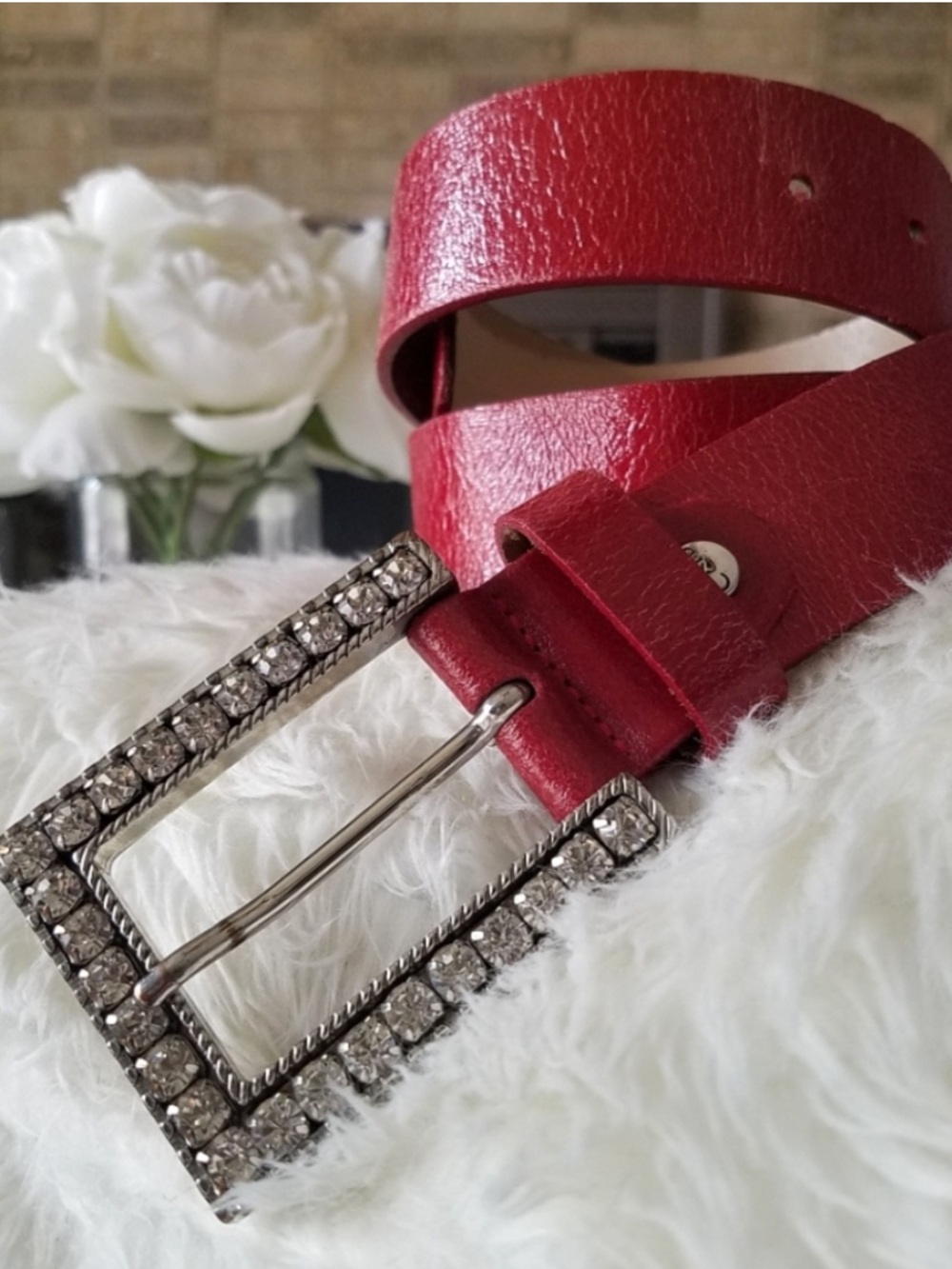 Genuine Red Leather Belt with Rhinestone Buckle from Italy